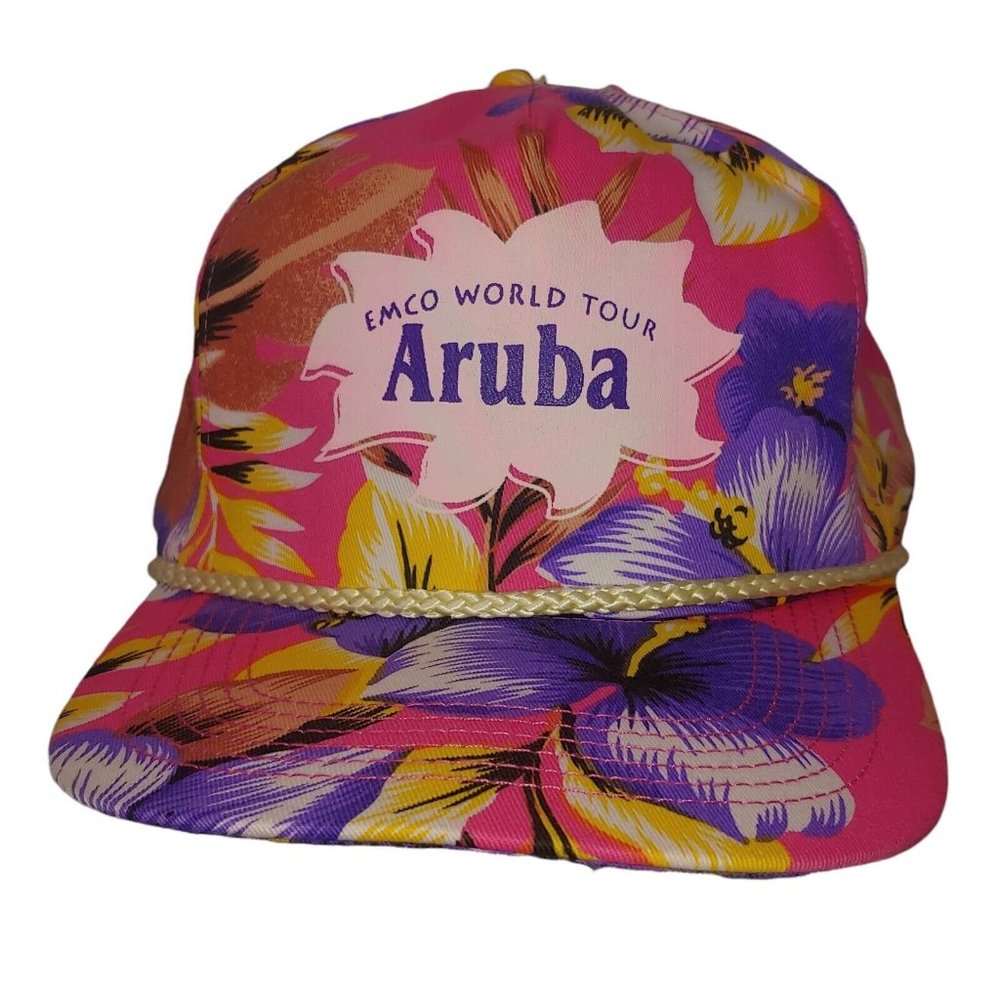 Vintage EMCO World Tour Aruba Cap Pink Tropical Floral Canvas Beach NWOT Cobra